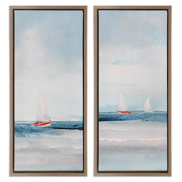 Stupell Industries Sailboats near Shoreline by Sally Swatland 2-Pieces Brown Floater Frame Coastal Graphic Art Print 25 in. x 11 in.