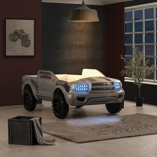 Furniture of America Justin Gray Twin Rugged Pick-Up Truck Kids Bed with LED Lights