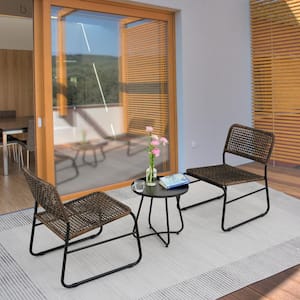 3-Piece PE Rattan Steel Frame Outdoor Bistro Set 2 Chairs, Modern Round Table, Brown