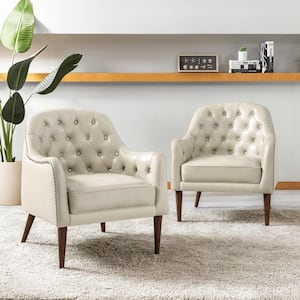 Clara Beige 28.5 in. Wide Classic Style Genuine Leather Barrel Chair with Tufted Back and Solid Wood Legs Set of 2