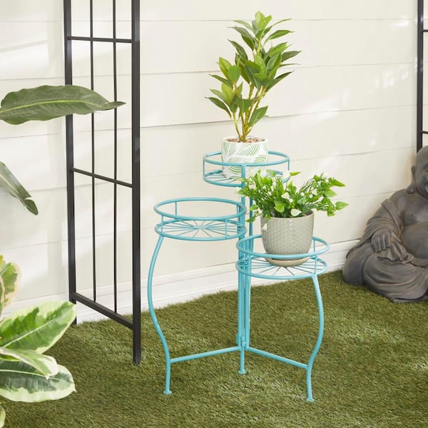 Litton Lane 21 in. Blue Metal Starburst Indoor Outdoor 3 Tier Plantstand