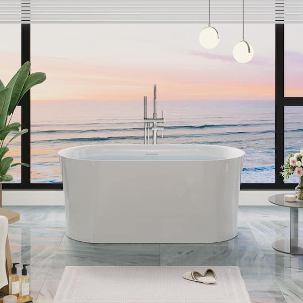 WELLFOR Eden 59 in. x 31.5 in. Pure Virgin Acrylic Freestanding Soaking Bathtub with Chrome Drain in White