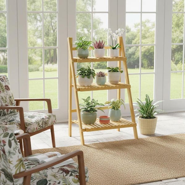 3-Tier Natural Wood Foldable Ladder Shelf Flower Pot Plant Stand