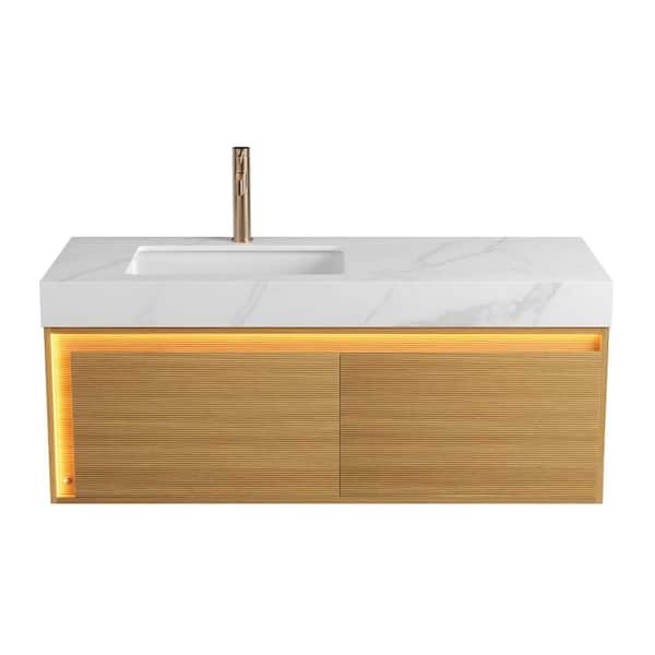 48 in. Wall-Mounted Light Oak Bath Vanity with Carrara White Sintered Stone Top Pre-Assembled