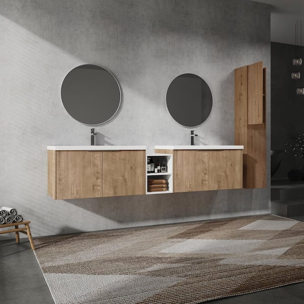 Geneva 82.9 in. W x 18.1 in. D x 19.3 in. H Floating Bath Vanity in Imitative Oak with White Resin Vanity Top