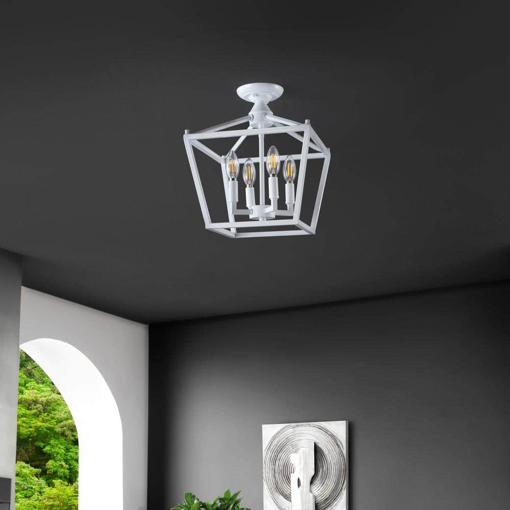 White Iron Farmhouse LED Lantern Flush Mount Light