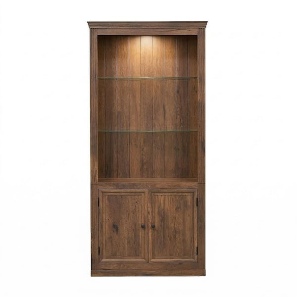 78.75 in. Tall Brown Wood Display Bookcase with Single Color LED Light and Adjustable Glass Shelves