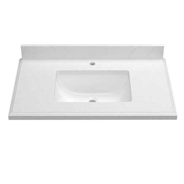 NTQ 37 in. W x 22 in. D Quartz White Rectangular Single Sink Vanity Top ...