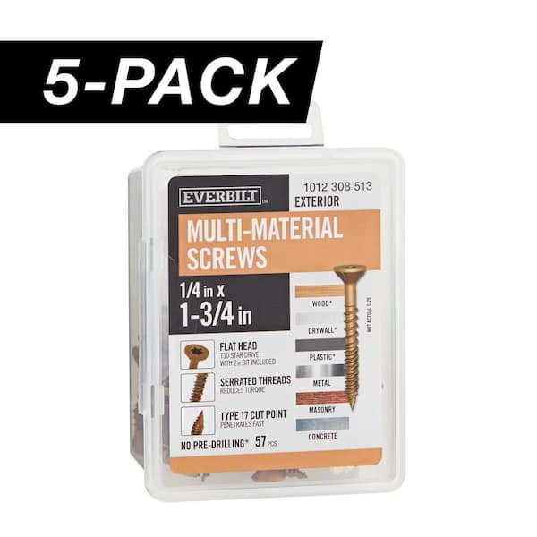 5-Pack 1/4 in x 1-3/4 in. Brown 6-Lobe Star Drive Exterior Flat Head Multi-Material Screw (5 lbs. / 295-Piece)