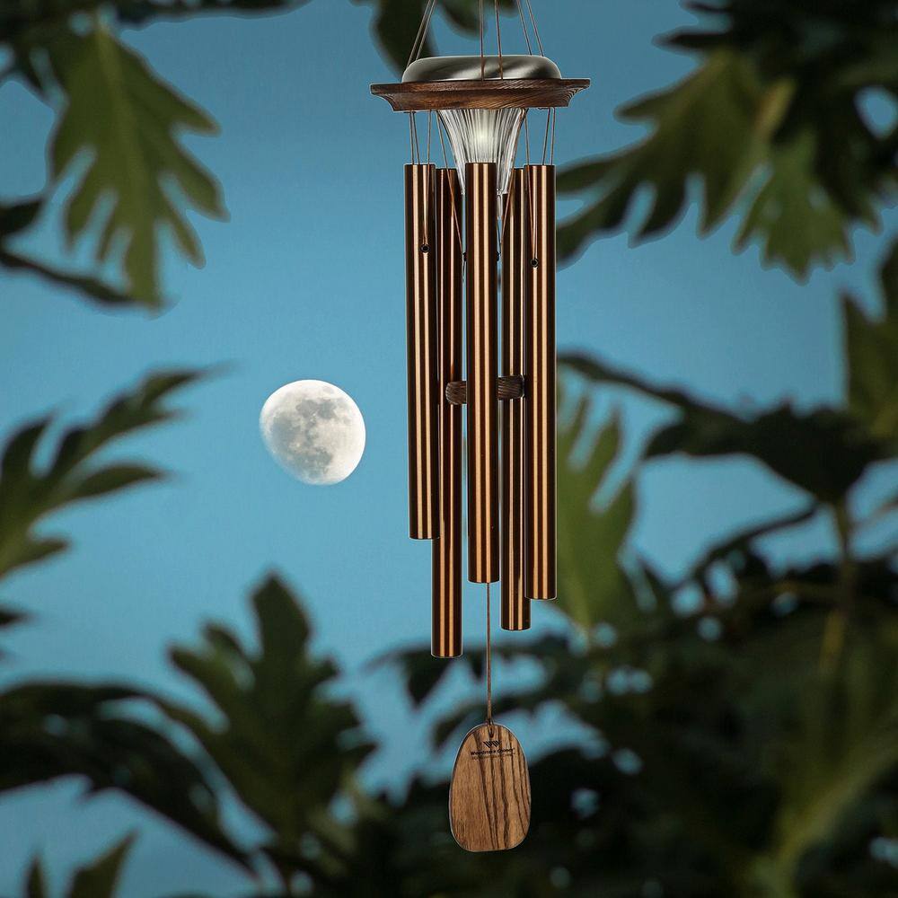 Bronze Solar-Powered Wind Chime with Teak Finish, 29"