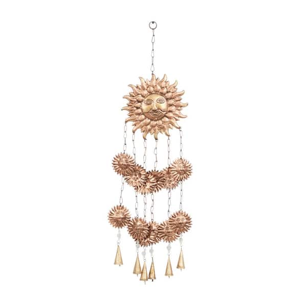 Litton Lane 35 in. Copper Metal Sun Windchime with Glass Beads and Cone Bells