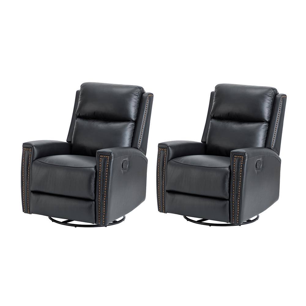 JAYDEN CREATION Regina 30.31 in. Wide Black Genuine Leather Swivel Rocker Recliner with Nailhead