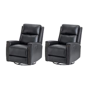 Regina 30.31 in. Wide Black Genuine Leather Swivel Rocker Recliner with Nailhead Trims (Set of 2)