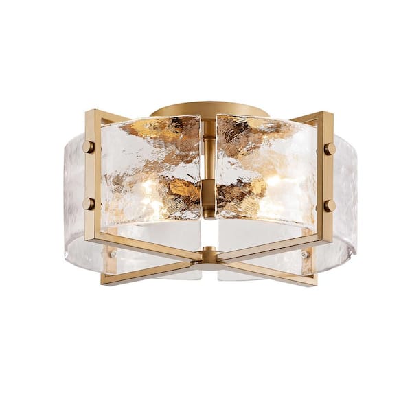 Jojospring Iris 16.5 in. 4-Light Brushed Brass Flush Mount with Textured Glass Panels Shade