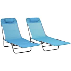 2-Piece Blue Metal Outdoor Folding Chaise Lounge Chairs with 6-Position Reclining Back, Breathable Mesh Seat, Headrest