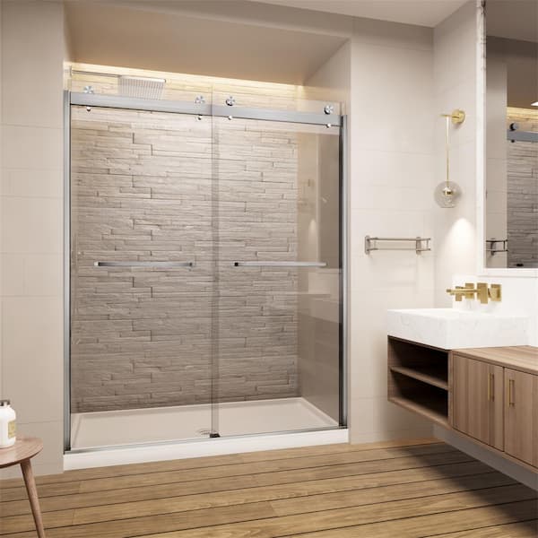 56-60 in. W x 74 in. H Sliding Frameless Shower Door in Brushed Nickel with 5/16 in. Clear Tempered Nano-Coated Glass