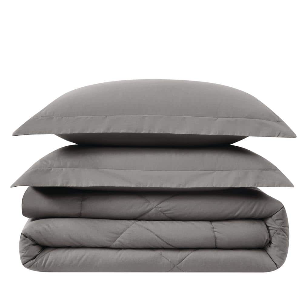 Gray Cotton Percale King Comforter Set with Down Alternative Fill
