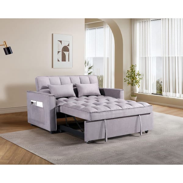Lirago 55 in. Grey Suede Twin Size Sofa Bed with USB Port, Ashtray and Swivel Phone Stand