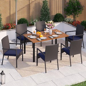 Black 7-Piece Metal Patio Outdoor Dining Set with Wood-Look Rectangle Table and Rattan Chair with Blue Cushion