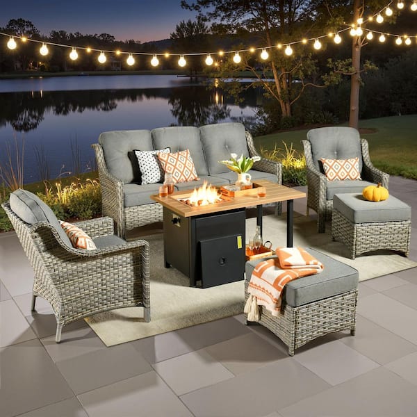 Toject Eureka Grey 6-Piece Wicker Outdoor Patio Conversation Sofa Seating Set with a Storage Fire Pit and Dark Gray Cushions