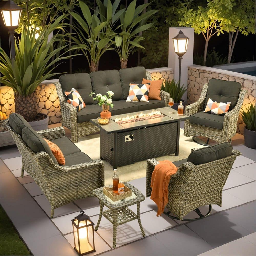 Palffy Gray 6-Piece Wicker Patio Rectangle Fire Pit Conversation Set with Black Cushions and Swivel Chairs price history on PriceWatchPro
