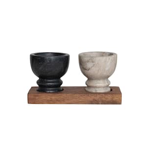 7 in. 0.002 fl. oz. Multi-Colored Marble Serving Bowls with Wood Tray (Set of 3)