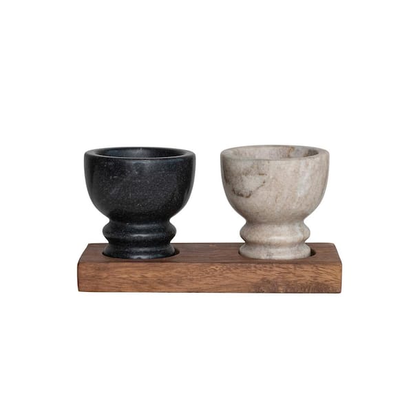 Storied Home 7 in. 0.002 fl.oz Multi-Colored Marble Serving Bowls with Wood Tray (Set of 3)
