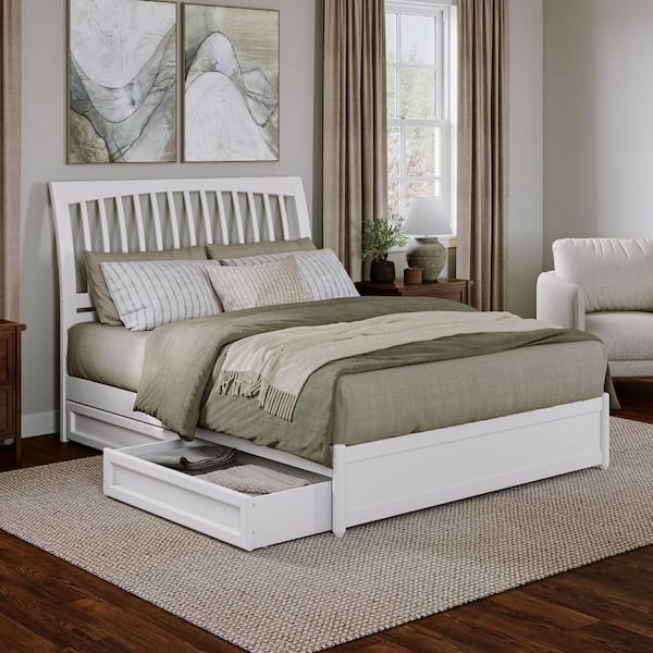 AFI Roslyn White Solid Wood Frame Queen Platform Bed with Panel Footboard and Storage Drawers