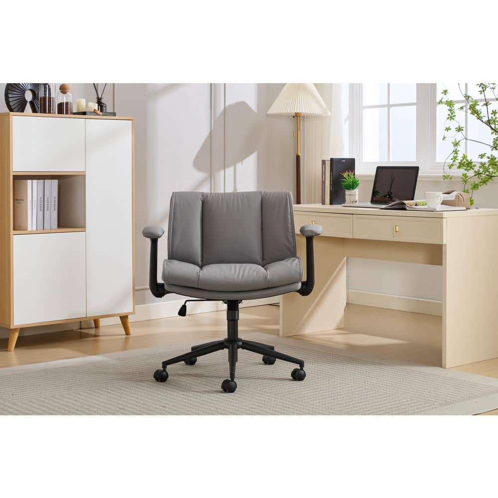 Cross Legged PU Leather Seat Adjustable 360° Swivel Ergonomic Office Chair in Grey with Adjustable Flip-up Arms