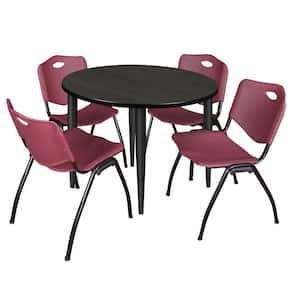 Trueno 36 in. Round Ash Grey and Black Wood Breakroom Table and 4-Burgundy 'M' Stack Chairs (Seats 4)