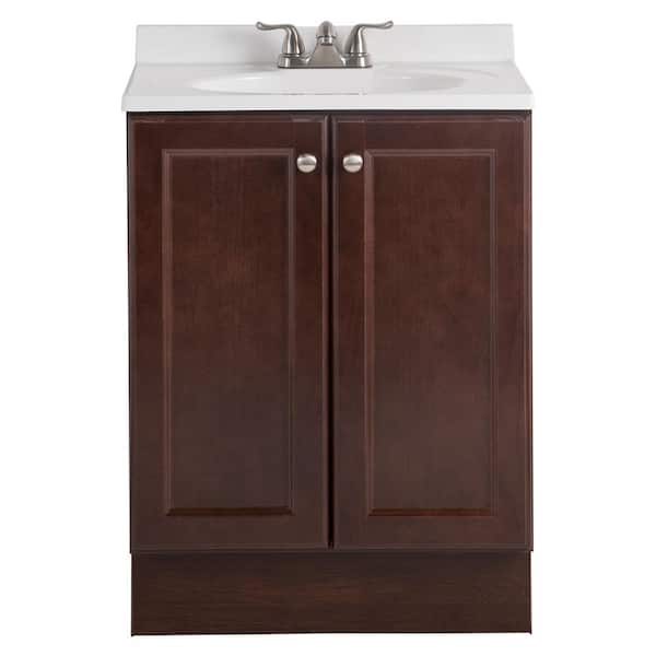 Glacier Bay Vanity Pro 24.5 in. W x 18.6 in. D x 35.6 in. H Freestanding Bath Vanity in Chestnut with White Cultured Marble Top