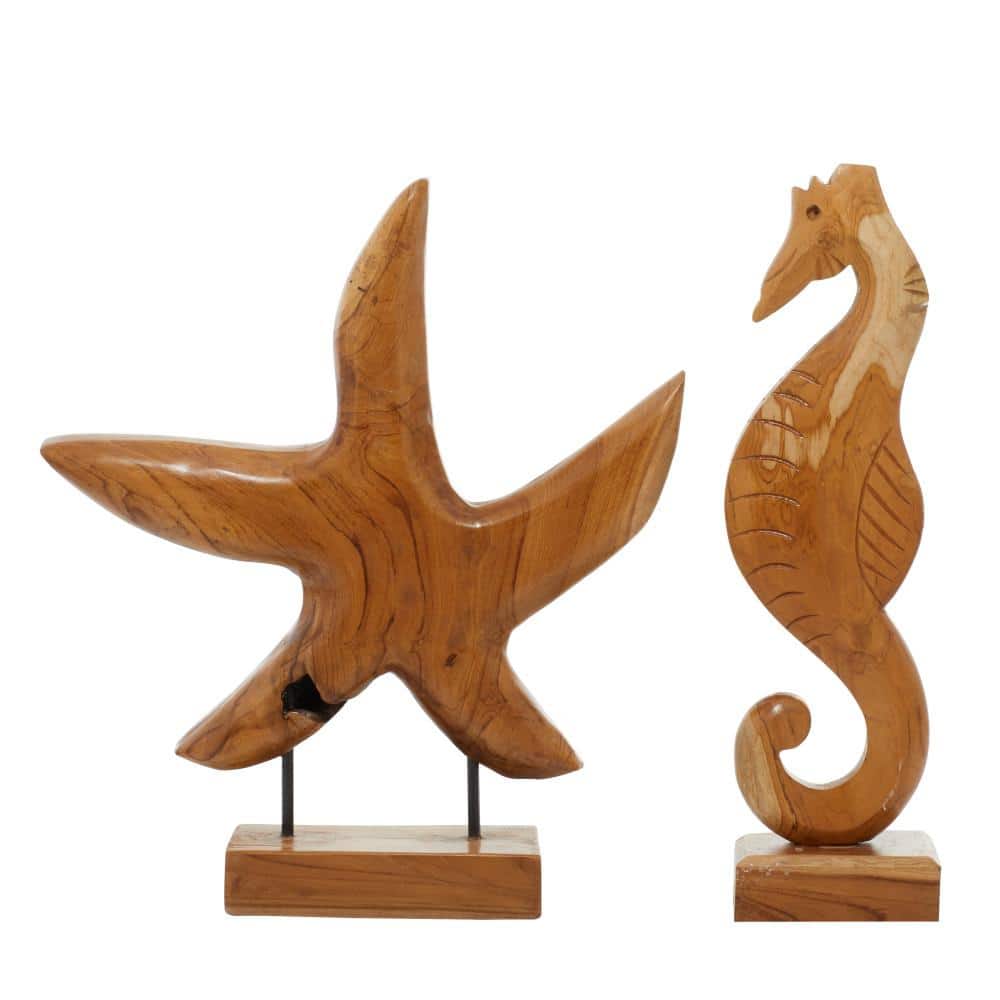 Coastal Teak Wood Sculpture Set, 17" Brown