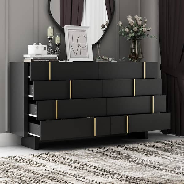 8-Drawer Black Wood Chest of Drawer with Golden Handle Modern Style 37.3 in. H x 70.9 in. W x 15.6 in. D