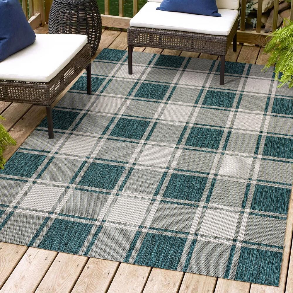 JONATHAN Y Sabine Traditional Farmhouse Bold Gingham Turquoise/Cream 3 ft. x 5 ft. Indoor/Outdoor Area Rug