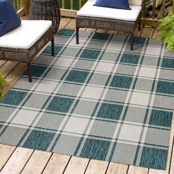 JONATHAN Y Sabine Traditional Farmhouse Bold Gingham Turquoise/Cream 4 ft. x 6 ft. Indoor/Outdoor Area Rug