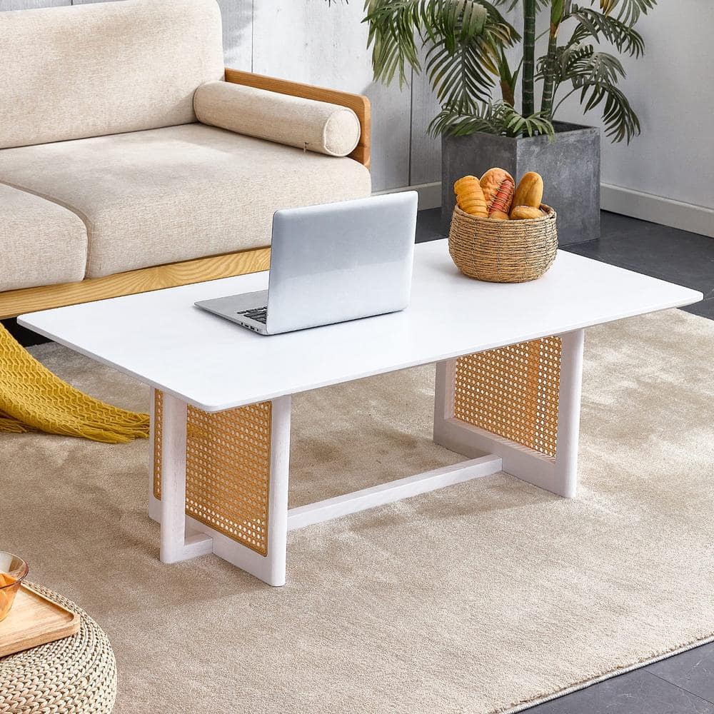 Rectangle White Solid Wood and Imitation Rattan Coffee Table for Living Room