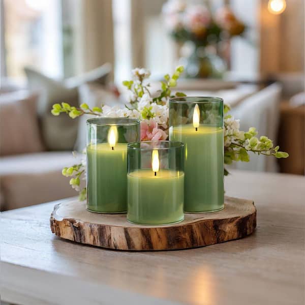Sage Green Battery Operated Unscented Glass Flameless Candles with Remote Control and Timer 3-Pack LSTFKB9