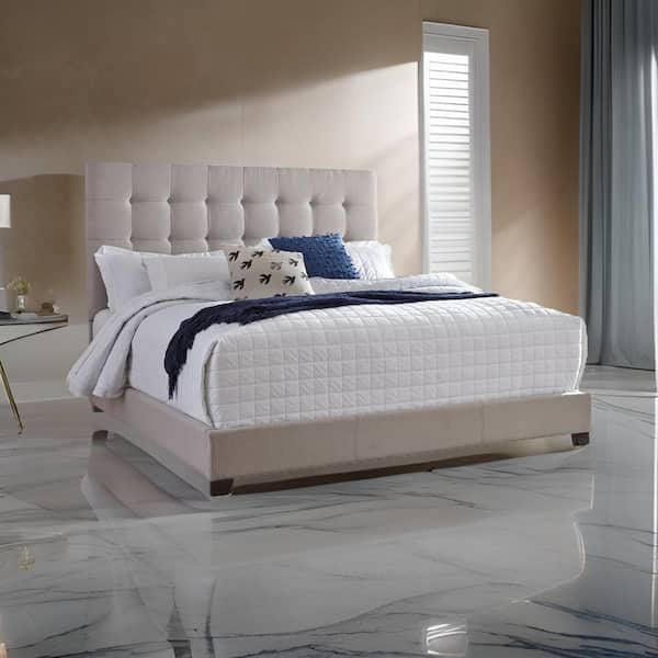 Benjara Leji Beige and Black Wood Frame King Size Platform Bed with Square Button Tufted Beige Upholstered Headboard
