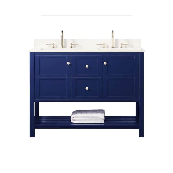 SUPREME WOOD Palisade 48 in. W x 22 in. D x 35.7 in. H Bath Vanity in Navy Blue with Quartz Vanity Top in White with White Basins
