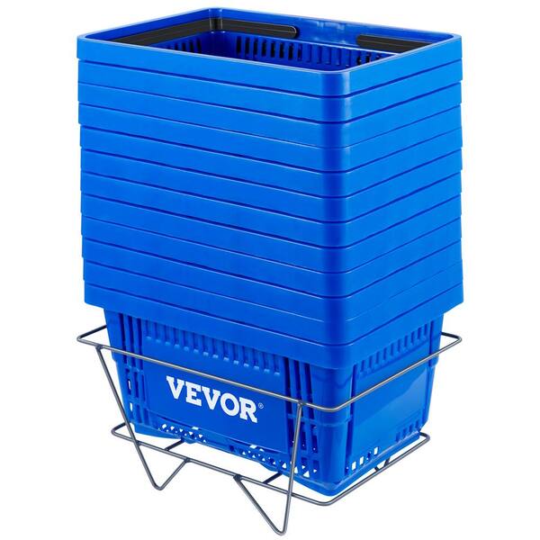 thumbnail image 2 of VEVOR Set Of 12 Shopping Baskets - 21L Plastic Grocery Baskets With Handles & Stand, Red 2 of 11