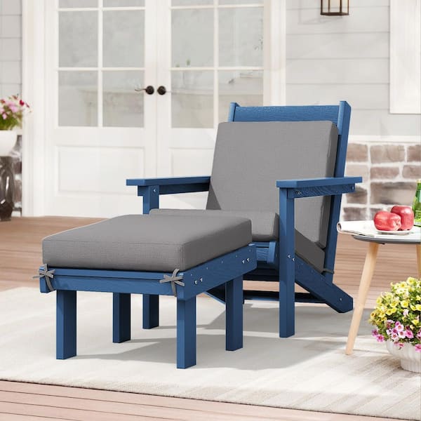 Classic Outdoor Patio HDPE Plastic Adirondack Chair with Footrest Ottoman in Navy Blue