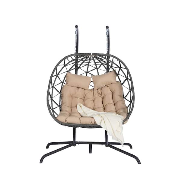 Unbranded 600 lbs Metal Outdoor Rattan Hanging Patio Swing Chair Patio Wicker Egg Chair with Black Stand and Deep Gray Cushions