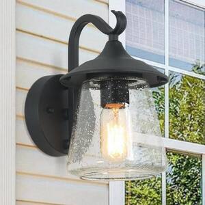 Modern Frosted Black Porch Outdoor Wall Sconce 1-Light Classic Exterior Lantern with Mushroom Clear Seeded Glass Shade
