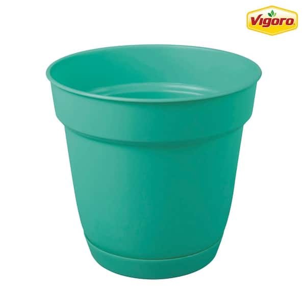 Vigoro 6 in. Bea Small Sea Glass Green Resin Planter (6 in. D x 5.3 in. H) With Drainage Hole and Attached Saucer