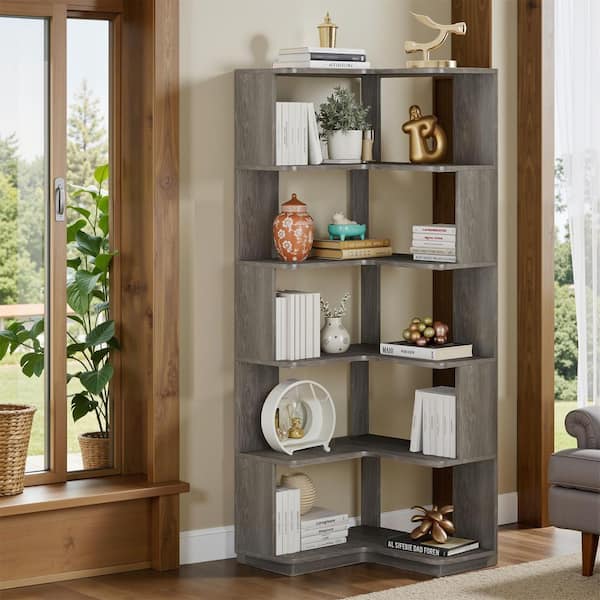 BYBLIGHT 65 in. Tall Dark Gray Engineered Wood 6-Shelf Corner