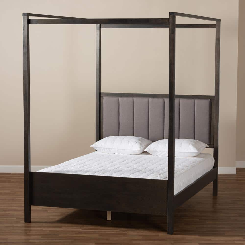 Natasha King Size Dark Grey Oak and Grey Fabric Tufted Platform Canopy Bed