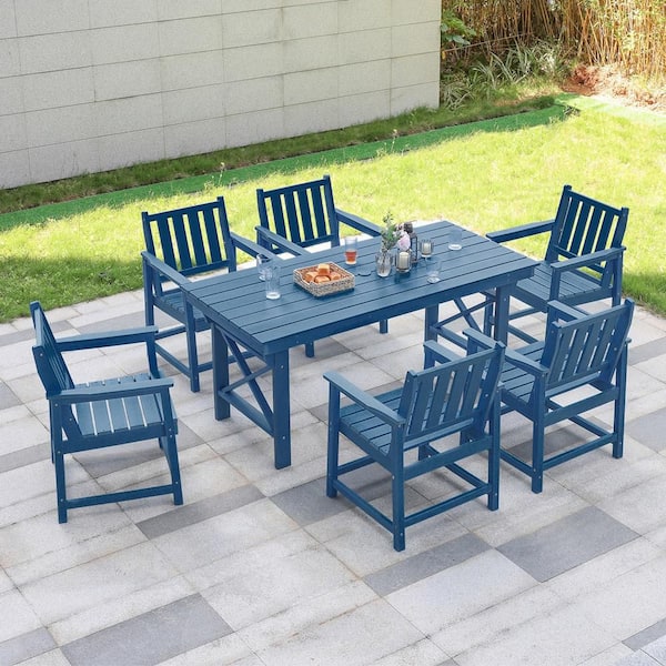 HDPE 7-Piece Plastic Rectangle Table Standard Height Outdoor Dining Set in Blue