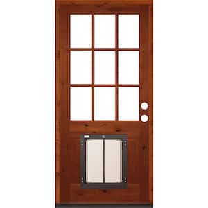 36 in. x 80 in. Left-Hand 9 Lite Clear Glass Red Chestnut Stained Wood Prehung Door with Large Dog Door
