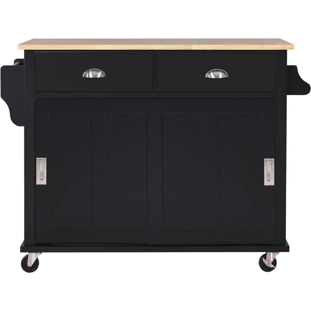 Black Rubber Wood Kitchen Cart with Drop-Leaf, Concealed sliding barn door,