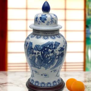 24 in. Oriental Furniture Ladies Blue and White Porcelain Temple Jar